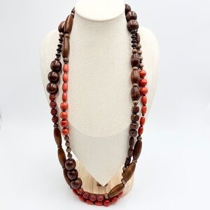 Vintage Wooden Beaded Necklace Brown Red Long Boho Statement Necklace